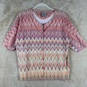 sioni Womens Cardigan Sweater Knit Zig Zag Print Short Sleeve Button Front L